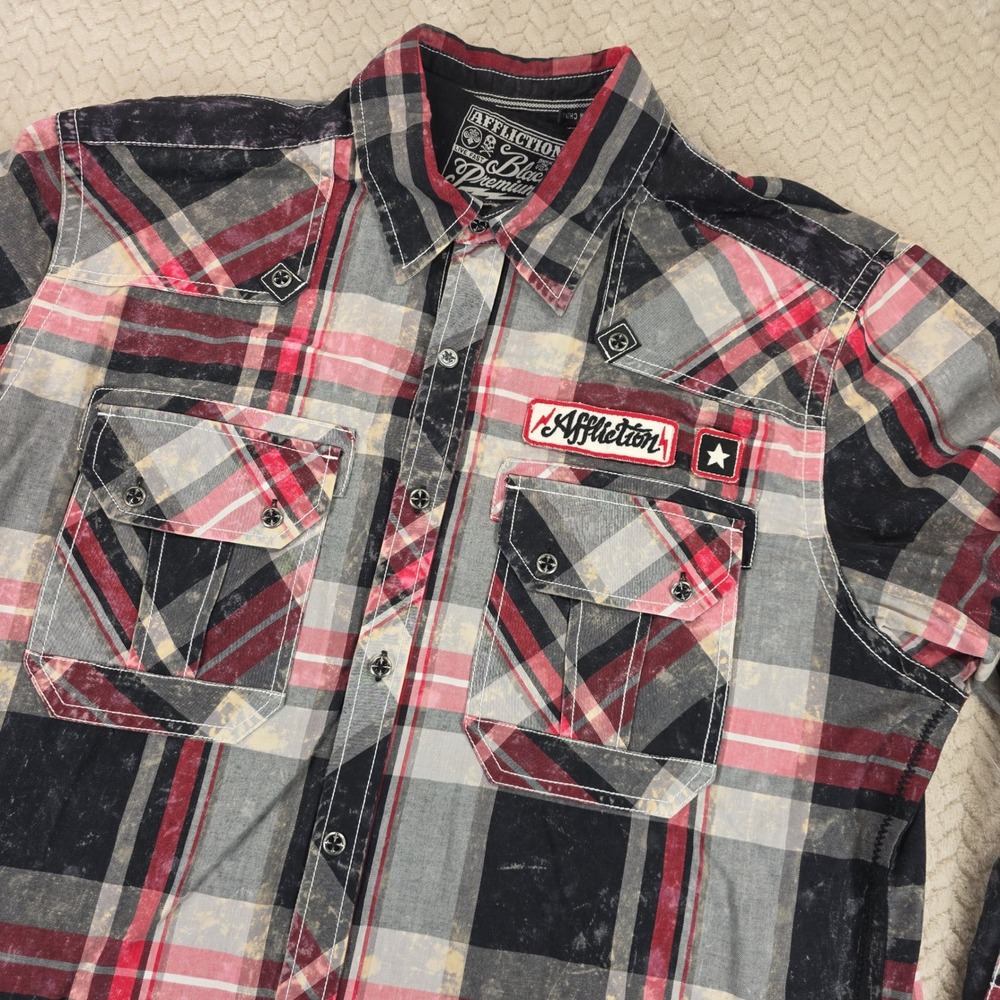 Affliction Black Premium American Customs Plaid Shirt XL Red Black Distressed